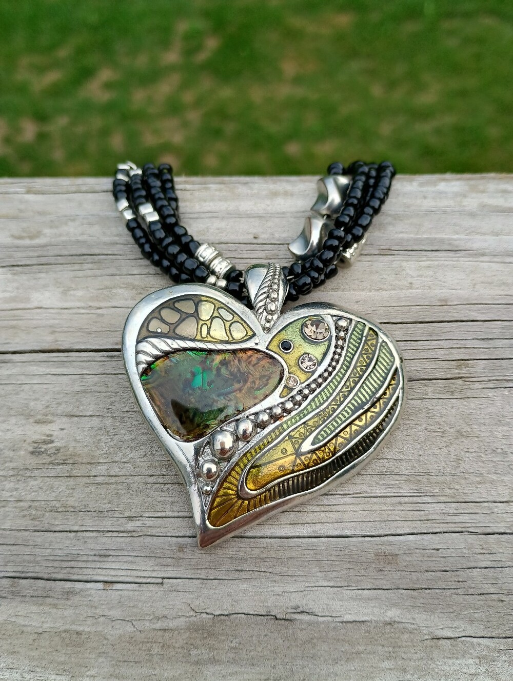Enameled Abalone Silver Tone Multi Strand Heart Pendant Necklace & Earrings